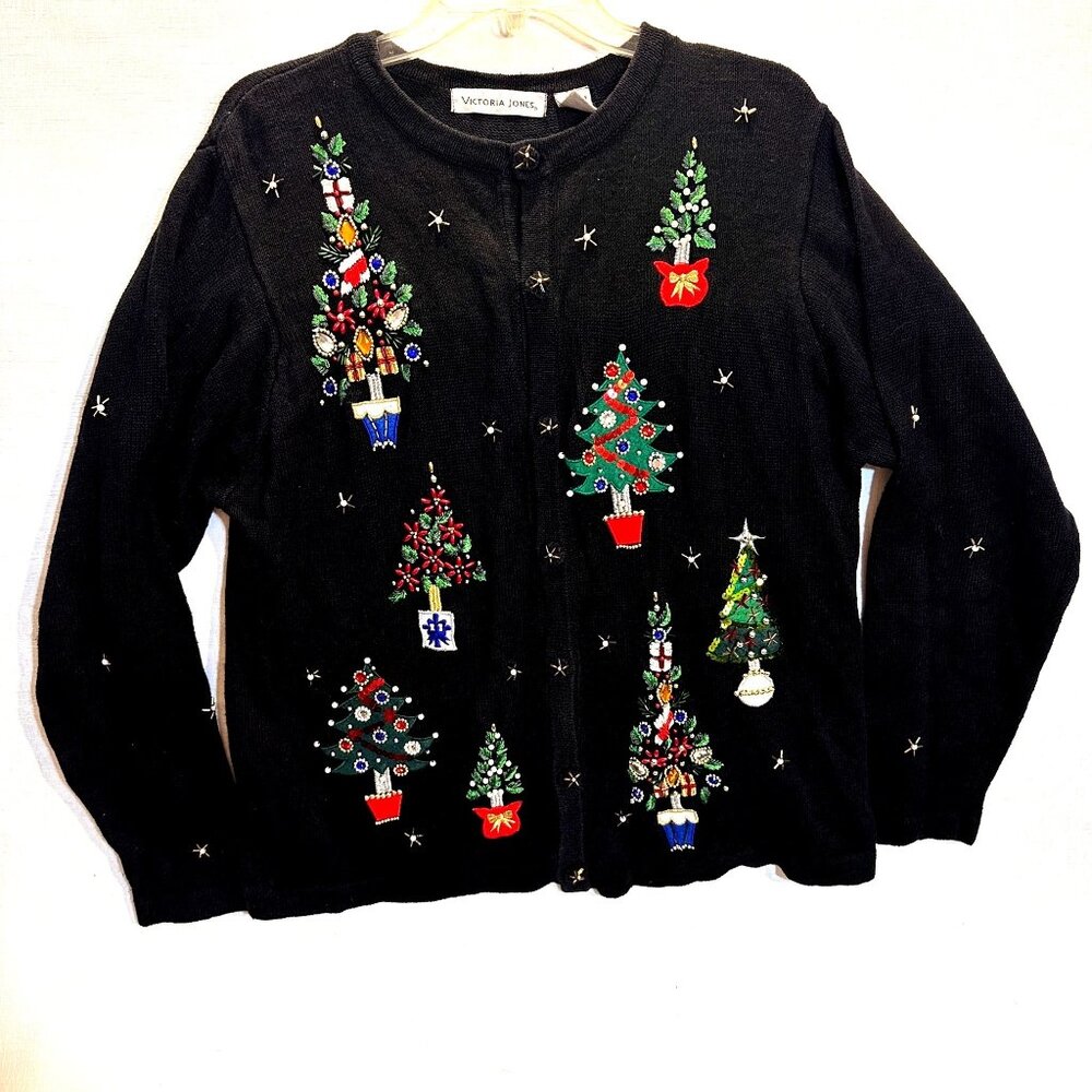 Victoria Jones Womens XL Christmas Cardigan BlackEmbroidered Beaded Holiday Tree
